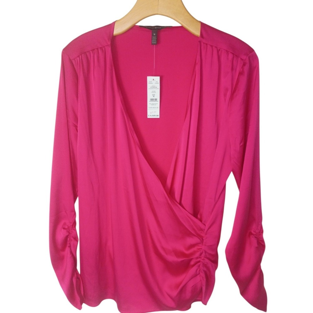 White House Black Market Hollywood Pink Ruched Cuff Wrap Blouse M NEW Vintage